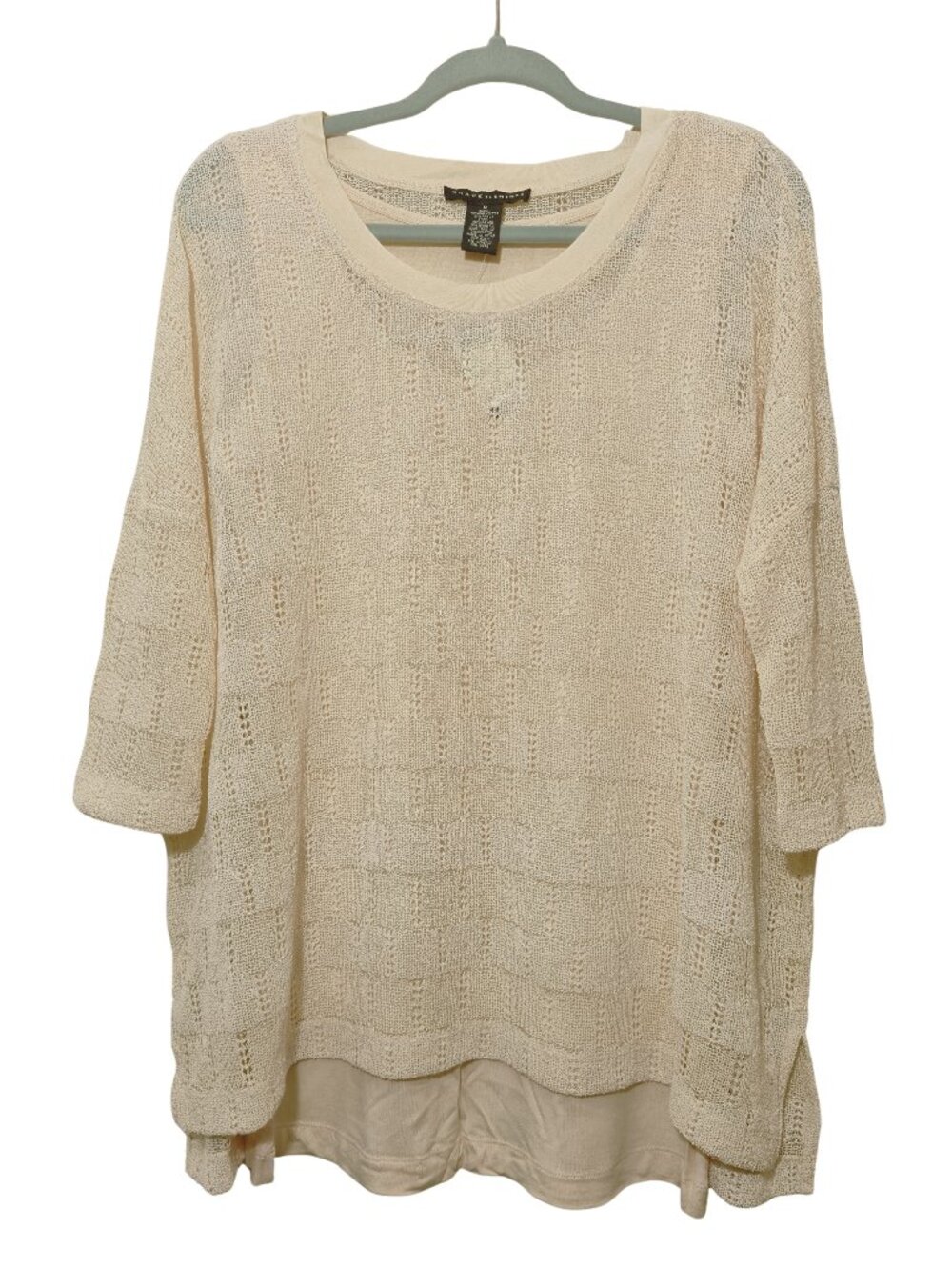 Grace Elements Crochet Layered Top Beige Size M Round Neck 3/4 Sleeve -NWT